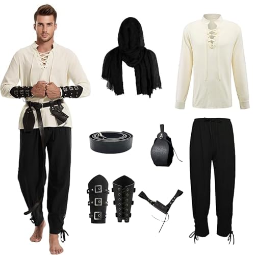 YuLiMirich 8 Stück Mittelalter Kleidung Herren Karneval Herren Renaissance Kostüm Set, Mittelalter Viking Kostüm mit Piratenhemd herren Lang Hose Gürtel Handgelenkgurt