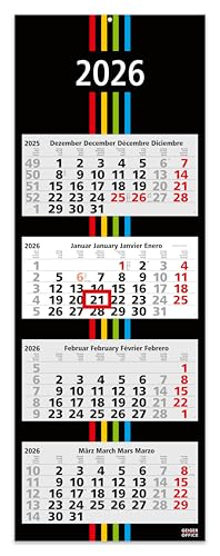 GEIGER-OFFICE 4-Monatskalender Wandkalender 2026 Black+Stripes 4-33 x 90 cm, Großformat mit 4 einzelnen, perforierten Kalenderblocks, Rückwand faltbar/Büro -Kalender - Made in Germany