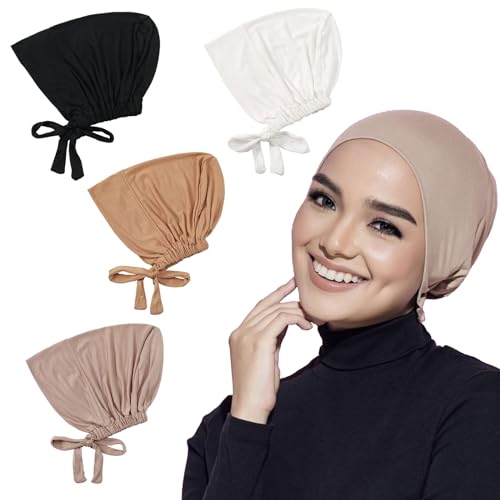 Luckwaii Kopftuch Damen Hijab Undercap, 4 Stück Bonnet Sleep Cap Islamische Muslimische Kopfbedeckung Unterschal mit Kordelzug Tie Back Closure Verstellbarer Elastische Untertuch Kopftücher Chemo
