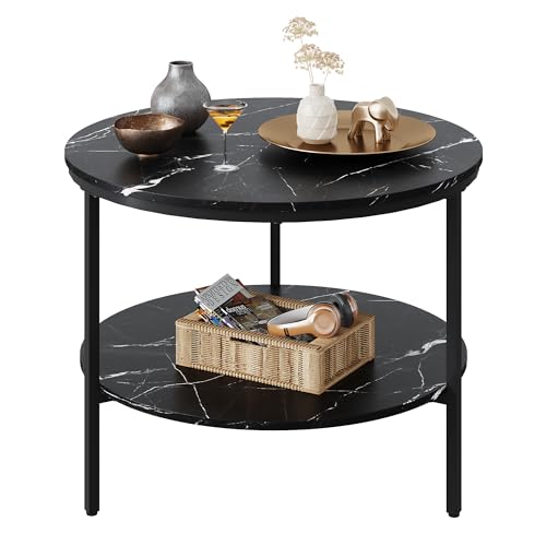 WLIVE Couchtisch Rund, Wohnzimmertisch Holz mit 2 Ebenen, Sofatisch mit viel Stauraum, für Wohnzimmer, Schlafzimmer, Modern Design, Marmor Schwarz