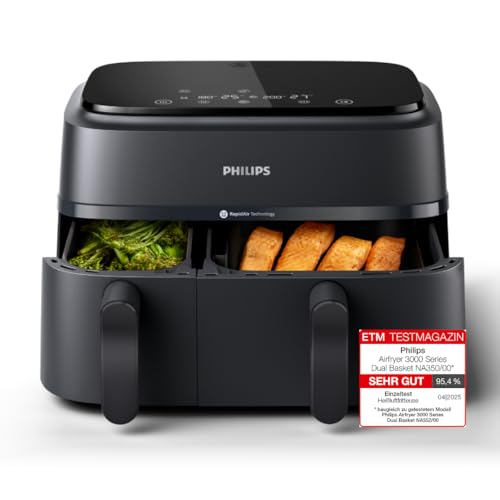 Philips Airfryer Dual Basket 3000 Series Heißluftfritteuse, 9L, 2 Körbe, 2 Gerichte gleichzeitig, RapidAir Plus Technologie, 90% weniger Fett, Energieeffizient, HomeID App (NA350/00)