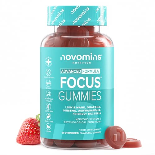 Focus Gummies - mit Ashwagandha, Koffein, Ginseng, Ginkgo Biloba, B12, Probiotikum, L Theanin - für Fokus & Konzentration - Gehirnsupplement - Alternative zu Koffeintabletten - 60 Gummies - Novomins