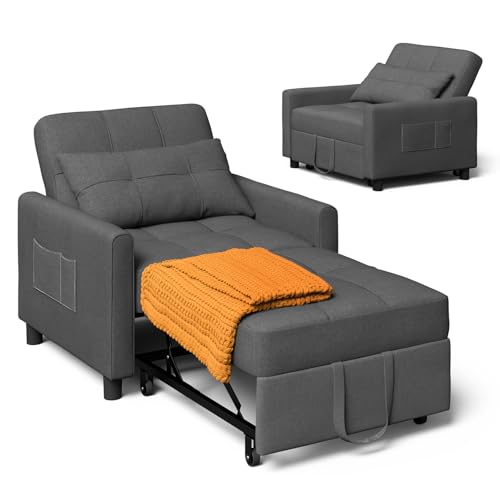 Xbro 3-in-1 Schlaferstuhl, umwandelbares Sesselbett, Schlaferstuhl mit Bettfunktion, verstellbares Sofa Bett mit Kissen und Seitentasche, Sessel mit Schlaffunktion für kleine Wohnung (Dunkelgrau)