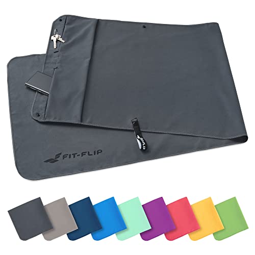 Fit-Flip Fitness Handtuch aus Mikrofaser - mit Magnet und Reißverschluss Tasche - Fitnesshandtuch für Sport und Gym - Kompakt & Schnelltrocknend - Sporthandtuch Fitnessstudio - Dunkelgrau - 130x48cm
