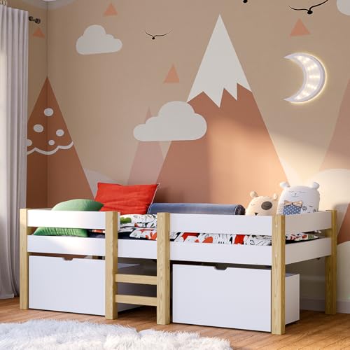 Bellabino Aspy Kinderbett 90x200 cm – Hochbett mit 2 Schubladen, Rausfallschutz & Lattenrost – Halbhochbett mit Leiter aus Kiefer Massivholz in Weiß/Natur – Jugendbett mit Stauraum