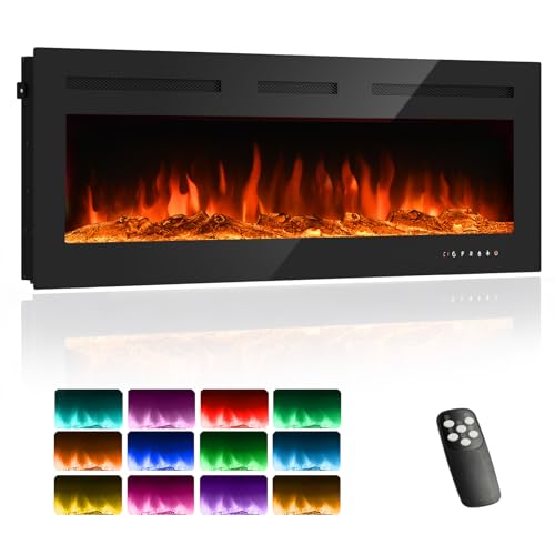 Elektrokamin, 3 in 1 Elektrischer Stand-, Wand- oder Einbaukamin mit 3D Flammeneffekt und 12 Flammenfarben, 900W/1800W Kamin mit Fernbedienung, Timer & Thermostat, Schwarz (50 inch)