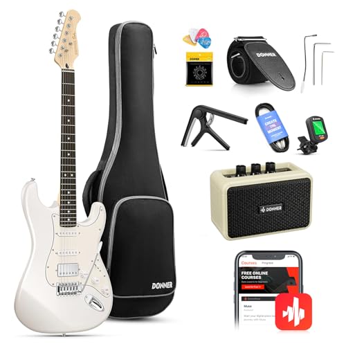 Donner E-Gitarre Set 39 Zoll mit Ahorn Griffbrett, E Gitarren mit Verstärker, Tasche, Capo, Gurt, Saiten, Tuner, Kabel und Plektren (Weiß)