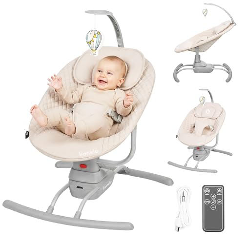 LIONELO RIO Elektrische Babywippe für Kleinkinder bis zu 9 kg Verstellbare Rückenlehne, 3 Wiegegeschwindigkeiten, Polster Sitzgurte Melodien und Geräusche der Natur Leichtes Gewicht 3,5 kg