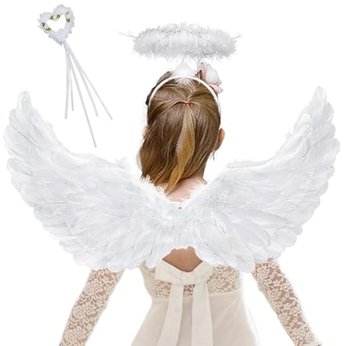 Engelsflügel Weiß, 60CM Engel Flügel mit Heiligenschein und Zauberstab, Halloween Kinder Engel Kostüm, Karneval Engelsflügel Kostüm, Fasching Federflügel Engel Wings, Amor Kostüm Damen für Karneval