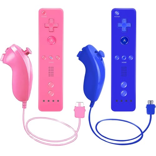 LeonDesigns Wii Remote Controller und Nunchuck Controller für Wii U, inkl. Silikonhülle und Handschlaufe (blau-rosa)