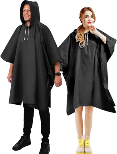 ANYOO Regenponcho Wasserdicht Regenjacke 2 Stück für Herren Damen, Leicht Regencape Regenschutz Wiederverwendbarer mit Kapuze für Festivals, Camping, Wandern, Reisen, Schwarz, Einheitsgröße