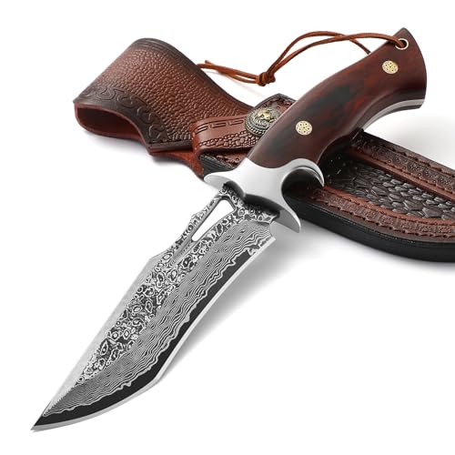 Omesio Damast Jagdmesser Hochwertiges Damaststahl Survival Messer Outdoor Damastmesser mit Scheide, Japanischer Stil, Holzhriff