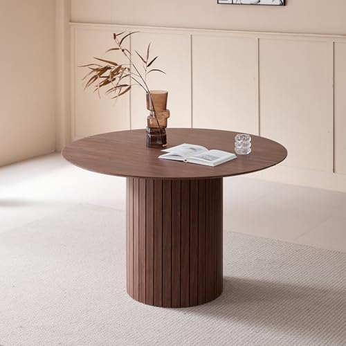 GrandCA HOME Runder Esstisch, moderner Küchentisch 120cm, Esszimmertisch mit rundem Holzsockel, große MDF-Arbeitsfläche für 4-6 Personen, Dunkelbraun