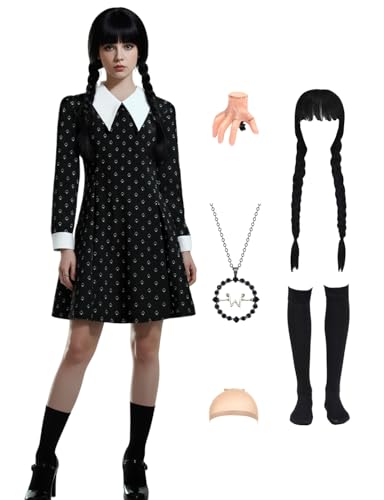 Halloween Gothic Kostüm Damen, Karneval Fasching Kostüm Gothic Familie Cosplay Outfit Schwarzes Kleid mit Aufdruck, Perücke & Accessoires, Kniestrümpfe, Kette, Haarspange A049L