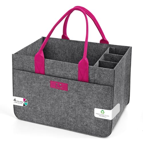 Eurhomewit Filz Einkaufskörbe Filztasche 30L Einkaufskorb Faltbar Einkaufstasche mit Fächern, Filztasche Groß Flaschentasche Kaminholztasche Kleiderkorb (Smiley Mittelgrau + Magenta/1 Stück)
