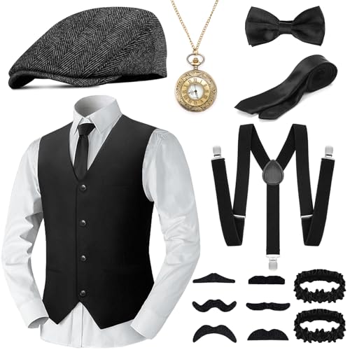 WEARXI Peaky Blinders Karneval Kostüm karnevalskostüm Herren, Mafia 20er Jahre Accessoires Herren Damen mit Weste Hosenträger Hut, Fasching Kostüm Peaky Blinders für Partys