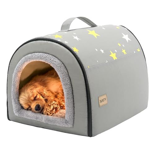 Jiupety Hundehütte Indoor, 2-in-1 Hundehaus für Drinnen, Größe L Hundehöhle Mittelgroße Hunde, Warme Höhle Schlafnest, Grau