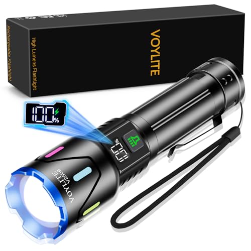 Voylite Taschenlampe LED Aufladbar 500000 Lumen, Extrem Helle Taschenlampen mit 5000 mAh Akku und LCD-Leistungsanzeige, 3 Leuchtmodi, Zoombar, für Camping & Outdoor