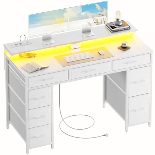HLONONE Schreibtisch mit 8 Schubladen, Computertisch mit 2 Steckdosen und 2 USB Ladeanschluss, Bürotisch mit LED und Monitorständer, PC Tisch für Büro, Wohnzimmer, 120 x 50 x 74 cm, Weiß
