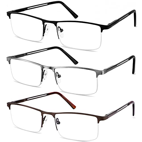 JJWELL 3 STÜCKE Lesebrille Herren Mit Blaulichtfilter, Blaulicht Herren Lesebrille, Rechteckige Halb Metall Lesebrillen Lesehilfe, Anti-Augenbelastung/UV, Anti-Blaulicht Brille Mit Sehstärke 1,5