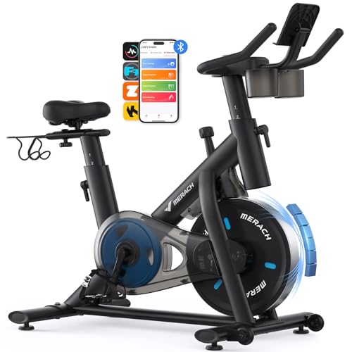 MERACH Heimtrainer Fahrrad mit Magnetischem Widerstand, Leises Bremsbelag/Hometrainer Fahrrad mit Verbessertem LCD-Monitor, Indoor Cycling Bike mit Hantelrack, Tablet-Halter, Eigener App, Bis 136KG