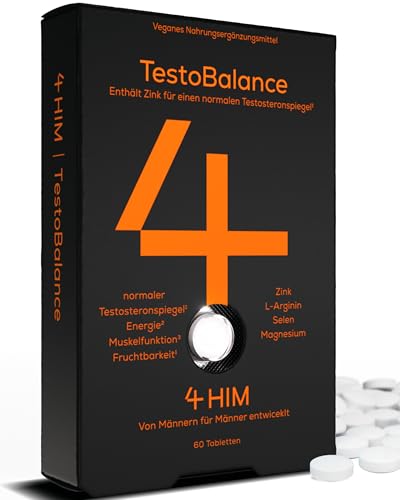 4 HIM TestoBalance - für Einen Normalen Testosteronspiegel, Energie und Muskelfunktion - mit Zink + Magnesium + B6 Complex, L-Arginin, Ginseng und Selen - 60 Vegane Tabletten