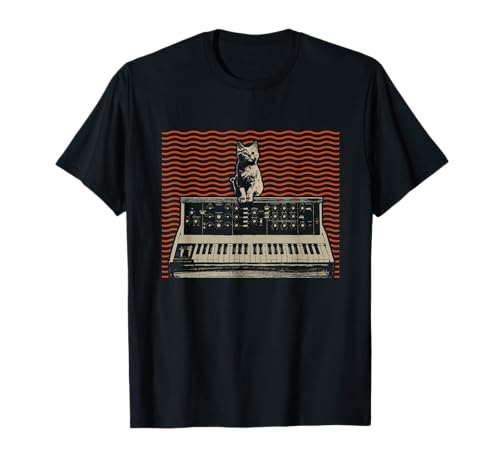 Vintage Synth Wave Keyboard Music Lover Analog Modular Synthesizer Music Producer Katze T-Shirt für Herren und Damen, Schwarz, S, Klassisch, Crew-Neck, Kurzarm, Klassische Passform, Katzenliebhaber