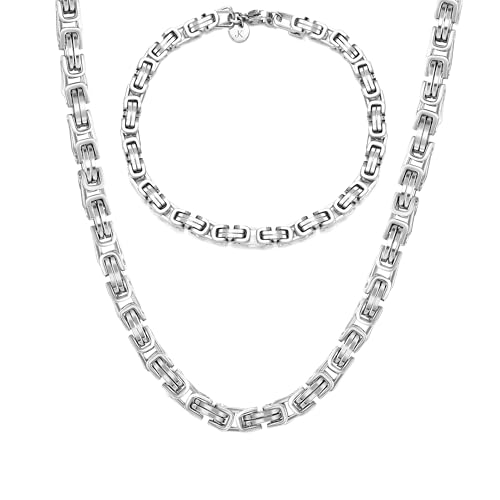 KIM JOHANSON® Edelstahl Herren Königskette Set in Silber | Armband und Halskette | Breite Kette für Männer | Wasserfest | Dicke Armkette | Verschiedene Längen | 5mm Breit | Massive Silberkette (60 CM)