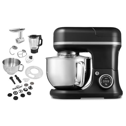 MEDION Küchenmaschine (Mixer, Fleischwolf, 3 in 1, 5 Liter Edelstahlschüssel, 1.200 Watt, Reiben Raspeln Schneiden, Digitales Touch Display, Knetmaschine, Teigmaschine, MD18430) Schwarz