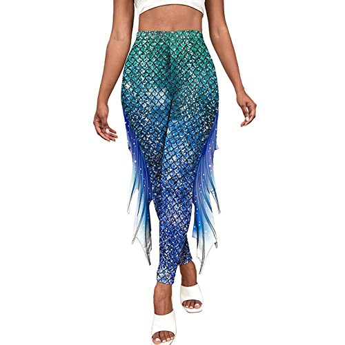 Didadihu Meerjungfrau Unterwasserwelt Kostüm Damen Meerjungfrau Leggings Glänzend Hose Pants Mit Tüll Fischschuppen Druck Schlaghose Karneval Faschings Kostüm Verkleidung,01 A,XL