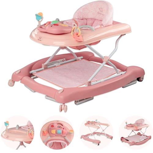 BRONEA 5-in-1 Babywalker Gehfrei | Lauflernhilfe mit Schaukelfunktion, Musik & Licht | Laufhilfe für Baby ab 6 Monate | Höhenverstellbar | Klappbar | Rosa