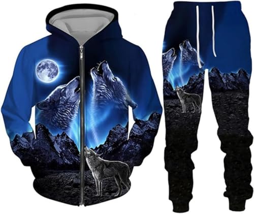 lFTEGUFKXS Weihnachten Wolf Herren Jogginganzug lion Hoodie und Hose Herren tiger Trainingsanzug Jogginganzug Sportanzug (S9,L)