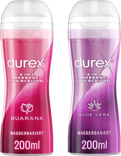 Durex Play 2in1 Massage- & Gleitgel Guarana + Durex Play 2in1 Massage- & Gleitgel Aloe Vera – Wasserbasiertes Gleitgel für innige Erlebnisse zu zweit – 2 x Spender à 200 ml