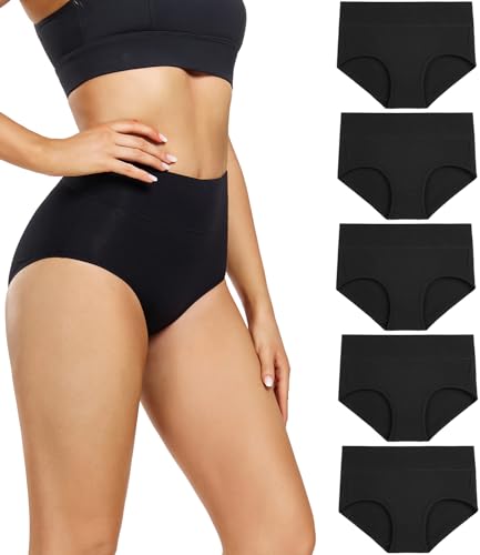 wirarpa Damen Unterhosen Baumwolle Slips Damen Unterwäsche Hohe Taille Taillenslip Weich Frauen 5er Pack Dunkles Schwarz L