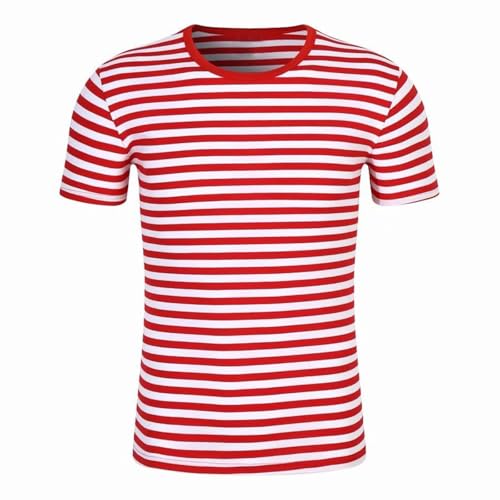 Unisex Ringelshirt Rot Weiss Karneval Kostüm Tshirt Gestreiftes Shirt Baumwolle Kurzarm Ringelshirt Herren Damen Fasching Matrosen Kostüm Rundhals Basic Casual Oberteile Tops