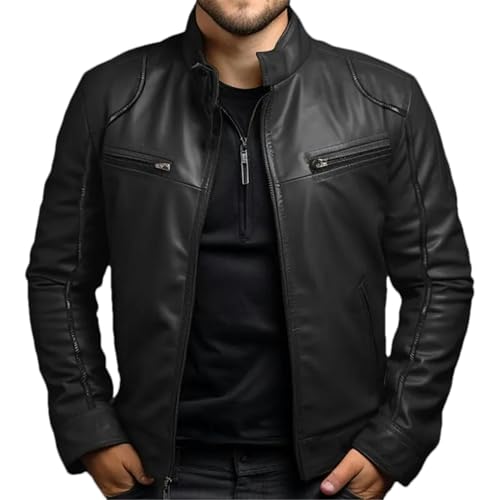 GaoLeAve Frühling Sommer Herrenbekleidung Lederjacke Herren Stehkragen Punk Ledermantel Herren Frühling und Herbst Lederjacke Black M