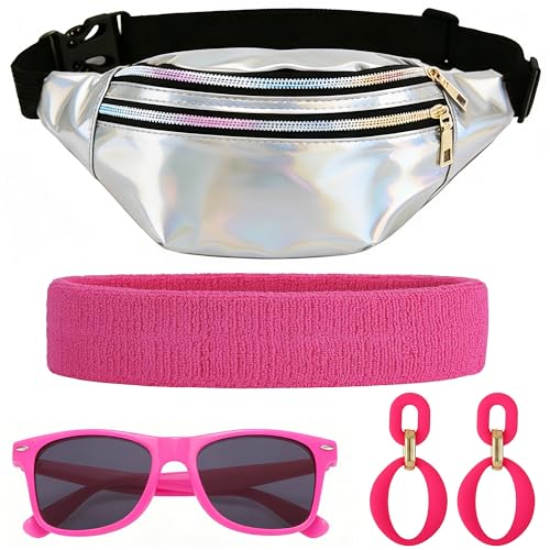 80er Jahre Bauchtasche Damen für Fasching & Karneval - Neon Party Accessoires 80er Kostüm Outfit mit Bauchtasche, Stirnband, Ohrringen, Brille (Silberne)