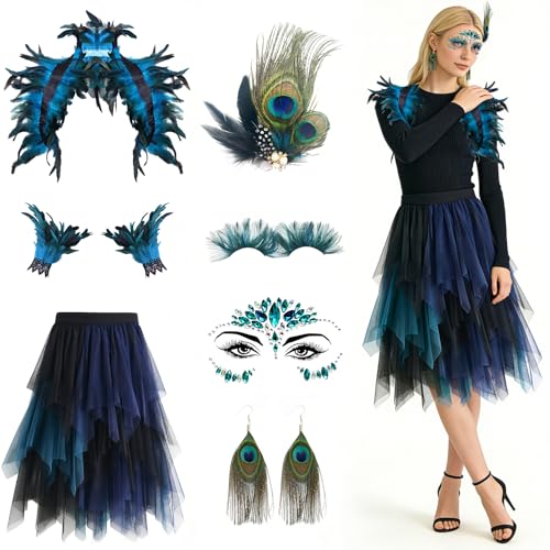 CHENBOOW Low Layered Puffy Fee Röcke,7 Stück Pfau Kostüm Damen,A-Linie Midi Rock Unregelmäßiger Tutu Rock,Pfauen Kostüm,Pfau Accessoires,für Karneval Fasching Halloween Mottoparty Cosplay