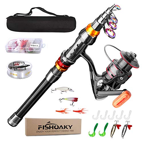 Angelrute Set Komplett, FISHOAKY Carbon Fiber Angelruten Teleskoprute und Spule Combo Kit mit Angelschnur Angelköder Set und Tragetasche für Kinder Erwachsene Salzwasser Süßwasse Fishing, 2,1M
