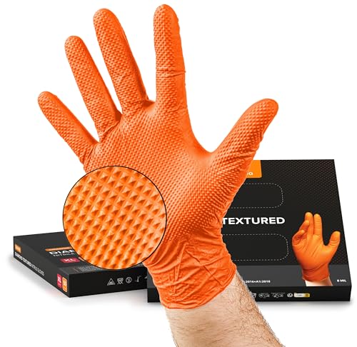 NIMEDA Gummihandschuhe Einweg XL Orange 50 Stück Nitrilhandschuh 2-3 x dicker Einmalhandschuh Arbeitshandschuh puderfrei latexfrei mit Diamant Grip | Größe XL