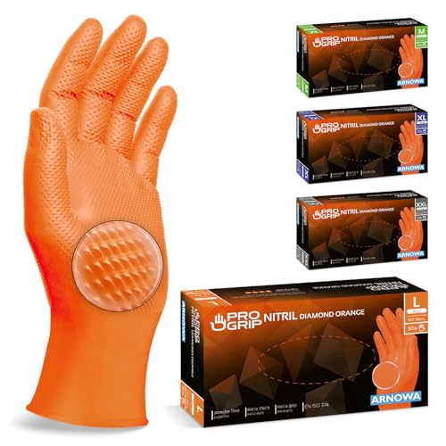 PROGRIP Einweghandschuhe Diamant Grip, Orange, Einmalhandschuhe Extra Stark, Nitrilhandschuhe Gr. L, 2x dicker, Handschuhe Einweg, Arbeitshandschuhe für Werkstatt & Montage, 50 Stk/Box