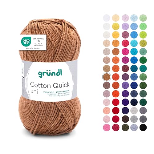 Gründl Wolle Cotton Quick uni - dünne Wolle zum Häkeln - Strickgarn - Häkelgarn - Glänzend und hautfreundlich - 100% Baumwolle - 1 Knäuel 50 g / 125 m - Nadelstärke 3-4 - Caramell