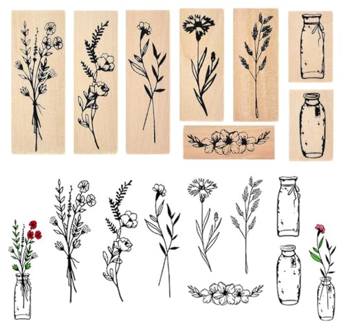 8 Stück Holzstempel, Vintage Stempel Blumen, Pflanze Mustern Stempelset, Natürliche Blumen Stempel Holz für Scrapbooks Journals Tagebücher Crafts DIY Karten