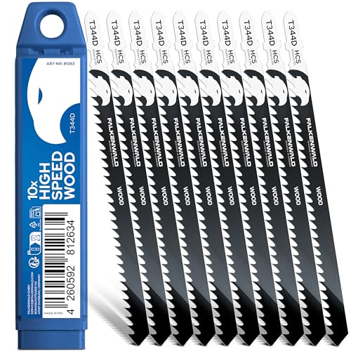 FALKENWALD® Stichsägeblätter Holz 10x T344D – High Speed Wood - Extra lang (152 mm) für tiefe Schnitte bis 100 mm - T-Schaft, HCS, 6 TPI - Für Weichholz, Hartholz, MDF, OSB, Laminat