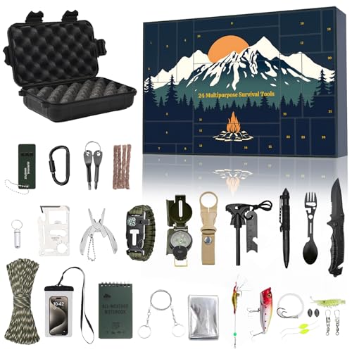 Adventskalender Männer, Survival Kit Adventskalender, 24 in 1 survival ausrüstung, survival adventskalender mit Notfall ausrüstung und camping zubehör, Geschenk für Camping, Angeln, Gadgets für Männer