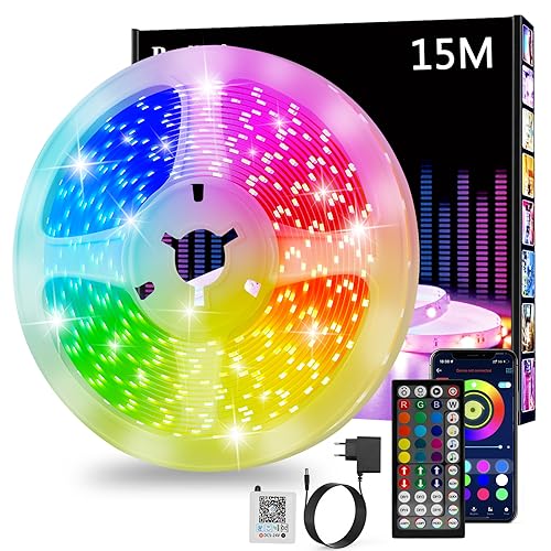Led Strip 15m, RGB Led Streifen, Bluetooth Smart Led Band Selbstklebend, Led Leiste mit Fernbedienung und APP, Led Lichtband Dimmbar, Musik Sync, Timer-Einstellung für Gaming Zimmer, Küche, Party…