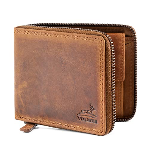 Fa.Volmer ® Herren Leder Geldbörse mit umlaufenden Reißverschluss - echtes Rindsleder - RFID-Schutz - Münzfach mit Einkaufswagenchip-Halter - Braun