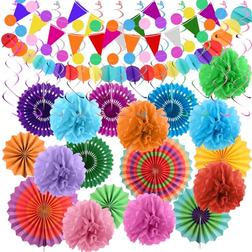 Papier Pompoms Dekoration, 47-Teiliges Fiesta Papierfächer Set für Hochzeit, Geburtstag, Graduierung, Weihnachten, Karneval - Bunt