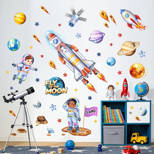 Supzone Wandtattoo Raketen Weltraum Wandsticker Kinderzimmer Jungen Wandaufkleber Planeten Sonnensystem Astronaut Wanddeko für Kinderzimmer Babyzimmer Jungenzimmer Spielzimmer