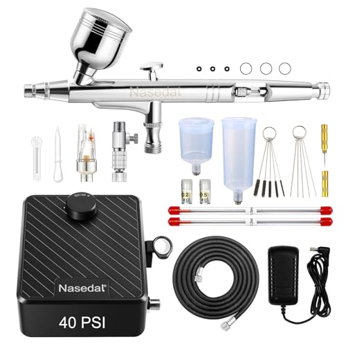 Nasedal Airbrush kit 40PSI Auto-stop Air Compressor Dual-Action Air Brush Model Paint for Car Nail Makeup Cake Decoration Art Drawing Craft Tattoo